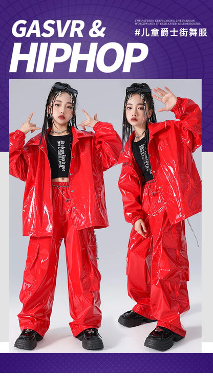 Costume Danse Jazz Garçon Filles, Pantalon Cuir Brillant Rouge, Streetwear Hip Hop Scène .