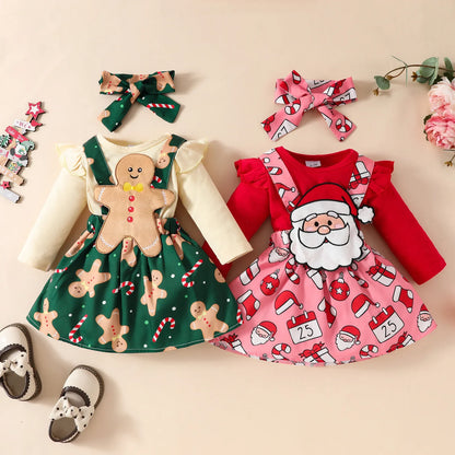Ensemble Noël bébé fille 0‑18 mois – body imprimé, robe, bandeau