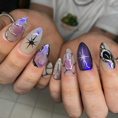 24 pcs faux ongles noirs mi-longs amande étoile fleur pression