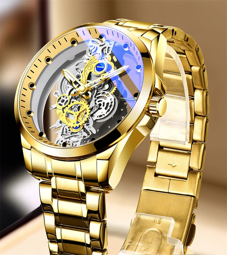Montre homme quartz squelette doré rétro luxe .
