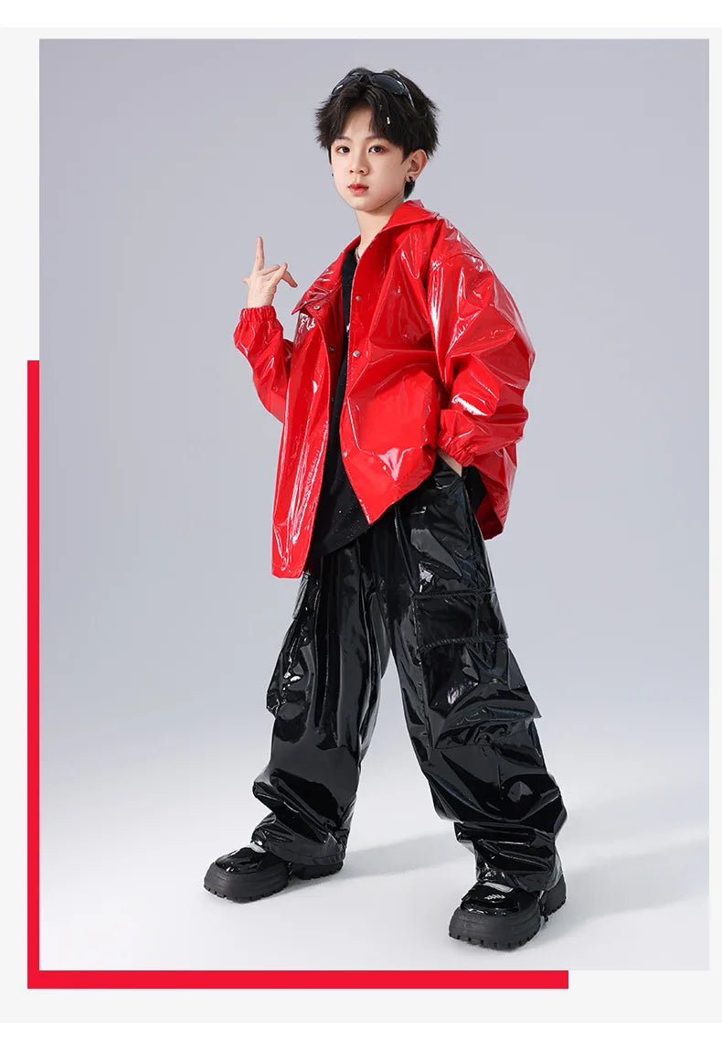 Costume Danse Jazz Garçon Filles, Pantalon Cuir Brillant Rouge, Streetwear Hip Hop Scène .