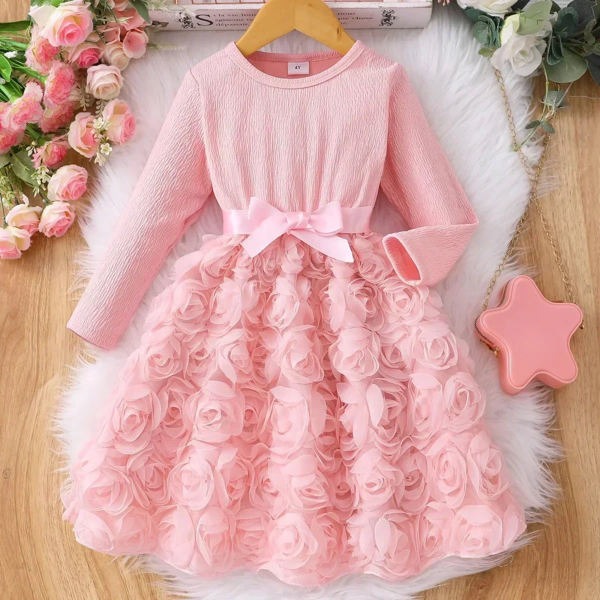 Robe fille gaze rose – Manches longues, douce, mignonne, 2-7 ans, printemps automne