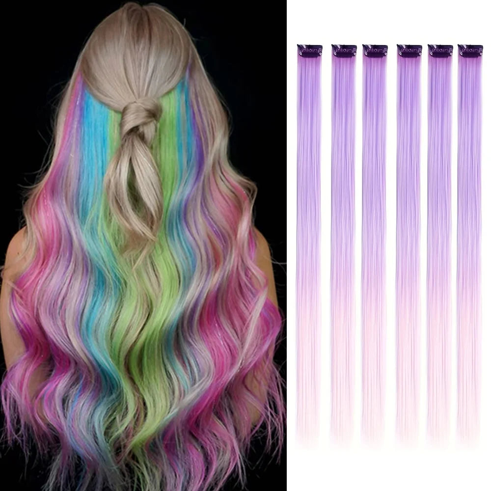 Extensions capillaires synthétiques à reflets colorés pour filles, postiches lisses multicolores de 22 pouces, 6 pièces/paquet