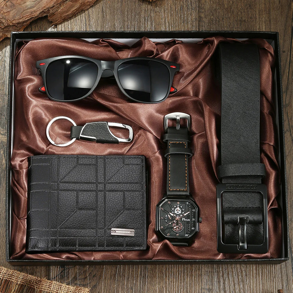 Coffret homme élégant – Montre, accessoires : portefeuille, ceinture, lunettes, porte-clés, tondeuse, cadeau luxe