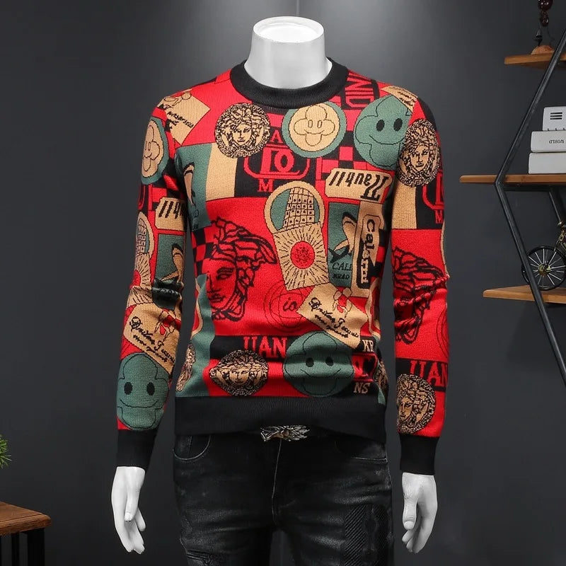 Pull Imprimé Homme Col Rond – Manches Longues, Rétro décontracté, Style Vintage, Haute Qualité, Automne Hiver