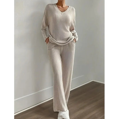 Set Vêtements Femme Automne-Hiver – Ensemble Rayé 2 Pièces, Haut Col V & Pantalon Confort