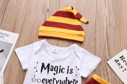 Ensemble Bébé Été 3 Pièces – Barboteuse + Pantalon + Chapeau Coton Garçon Fille Y+FJ+