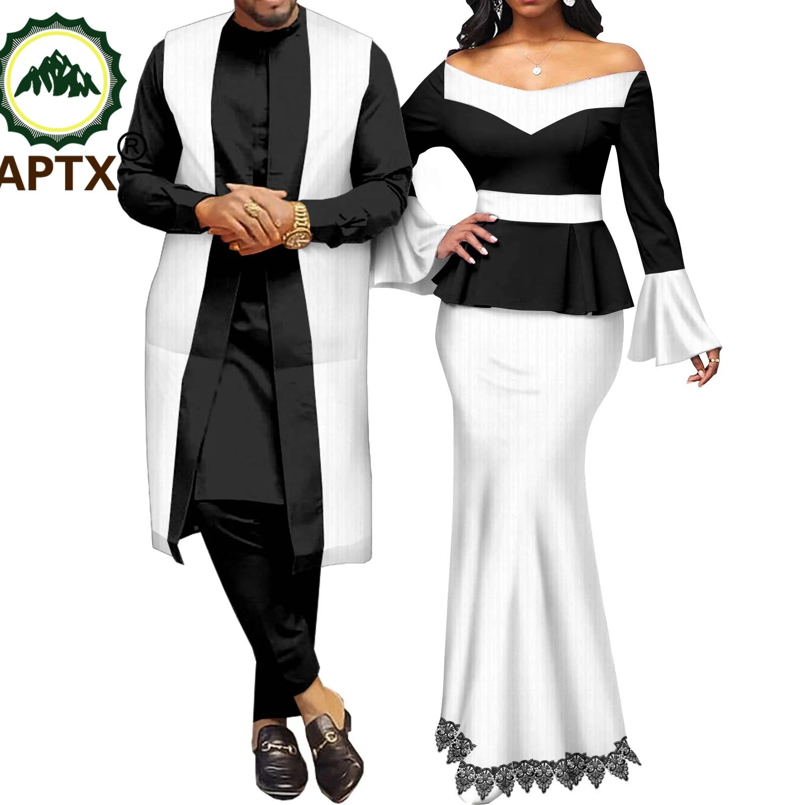 Vêtements couple africain – Robe femme maxi et jupe sirène, haut homme assorti, tenue mariage ET fête , 3 pièces