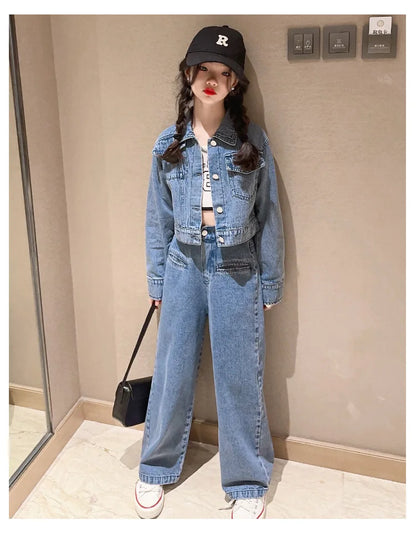 Pantalon Denim Jambes Larges Filles, Style Coréen, Printemps/Automne , 2 Pièces .