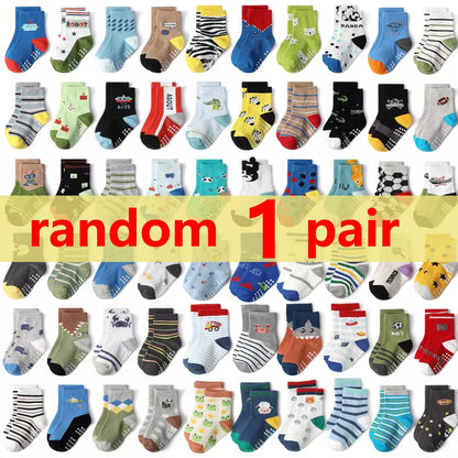 Chaussettes coton enfant/bébé – antidérapantes, respirantes, dessins animés (lot 1‑12 paires)