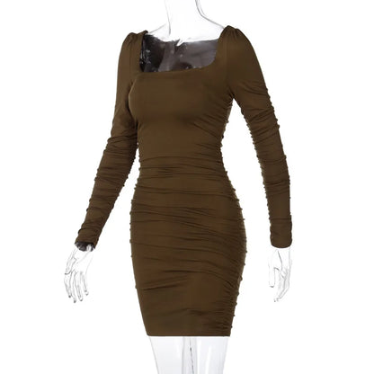 Robe moulante femme – mini, col carré, manches longues, unie, sexy soirée/club
