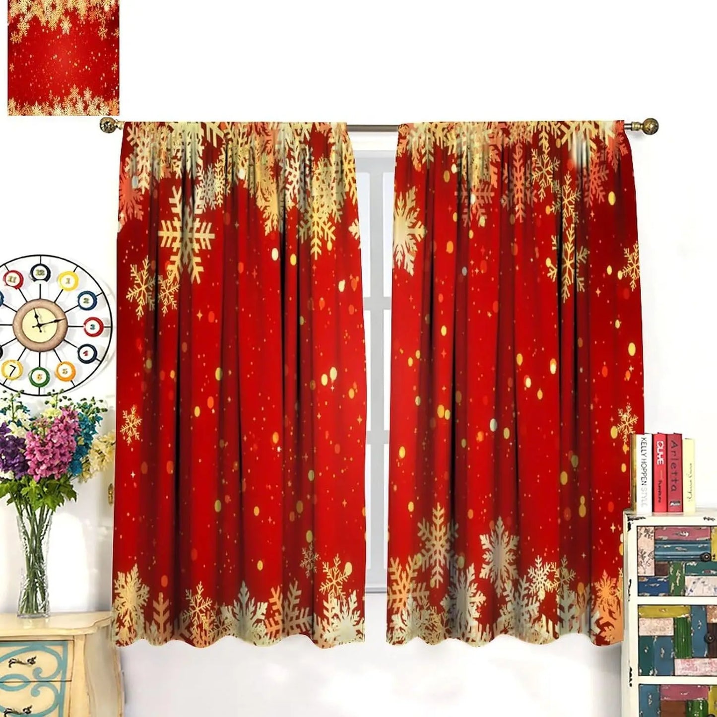 Rideaux Noël luxe flocons neige feuille d'or