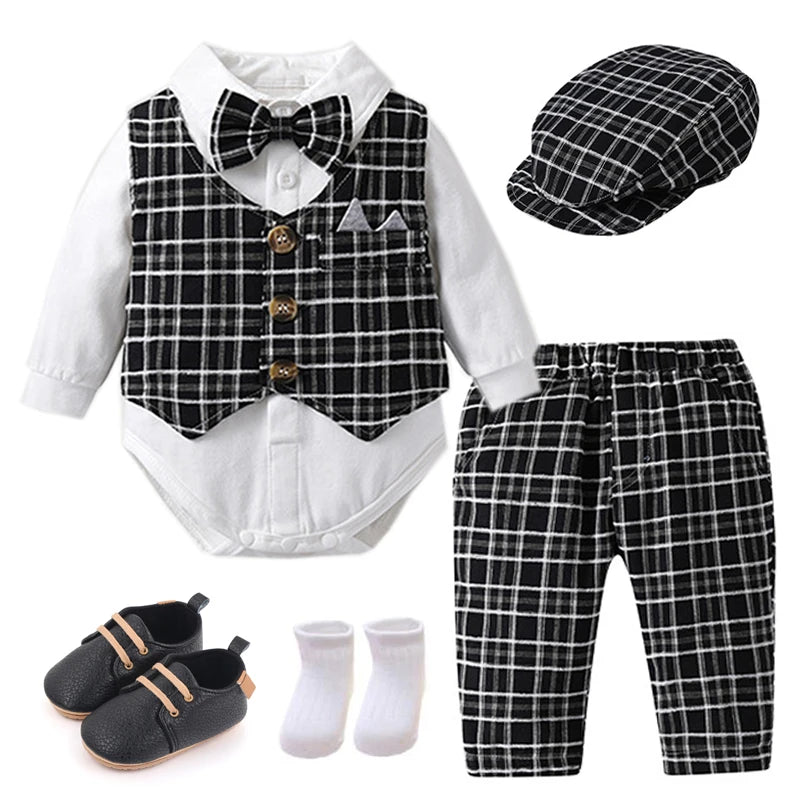 Costume bébé garçon 1er anniversaire – Gilet carreaux, body blanc, pantalon, chapeau, mariage