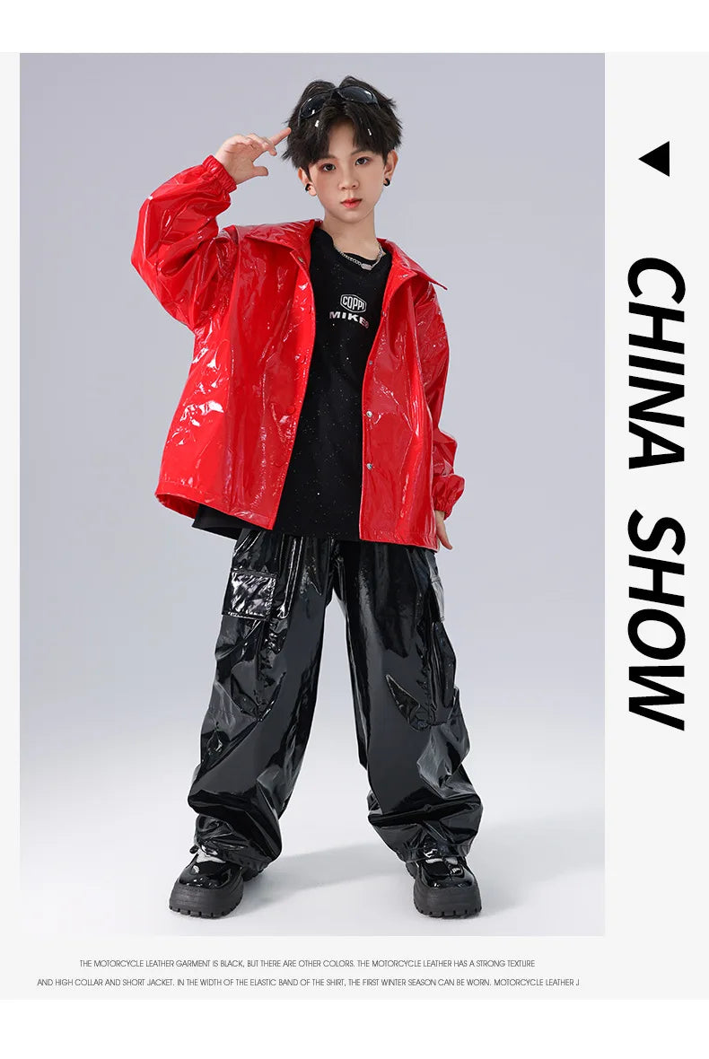 Costume Danse Jazz Garçon Filles, Pantalon Cuir Brillant Rouge, Streetwear Hip Hop Scène .