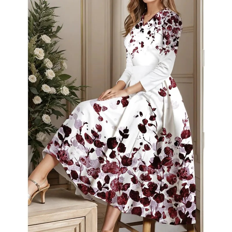 Robe élégante femme vintage, longue à fleurs, manches longues, col en V, automne-hiver .