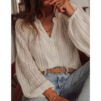 Blouse Chic Femme – Chemise Dentelle Évidée, Col V à Boutons, Manches Longues Élégantes