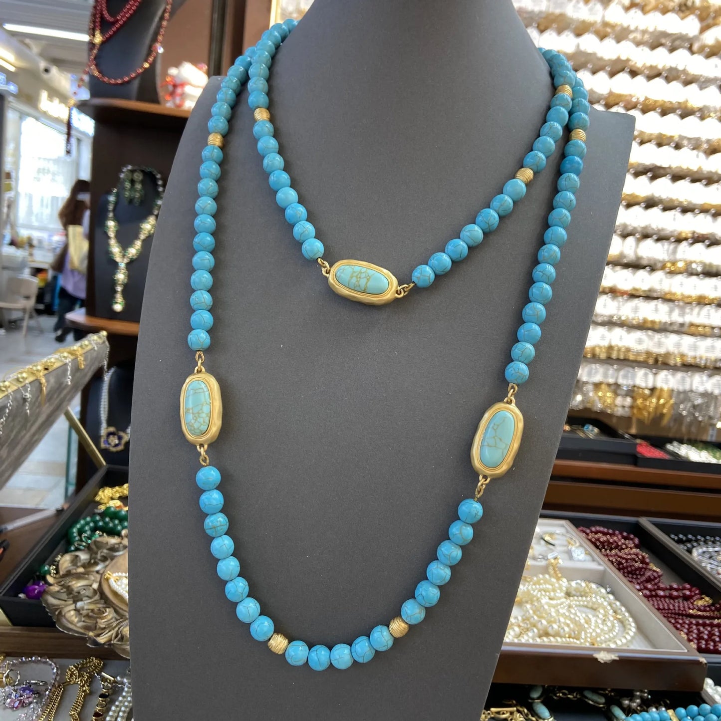 Collier vintage en cuivre turquoise pour femme – Broche en or et fleur tridimensionnelle