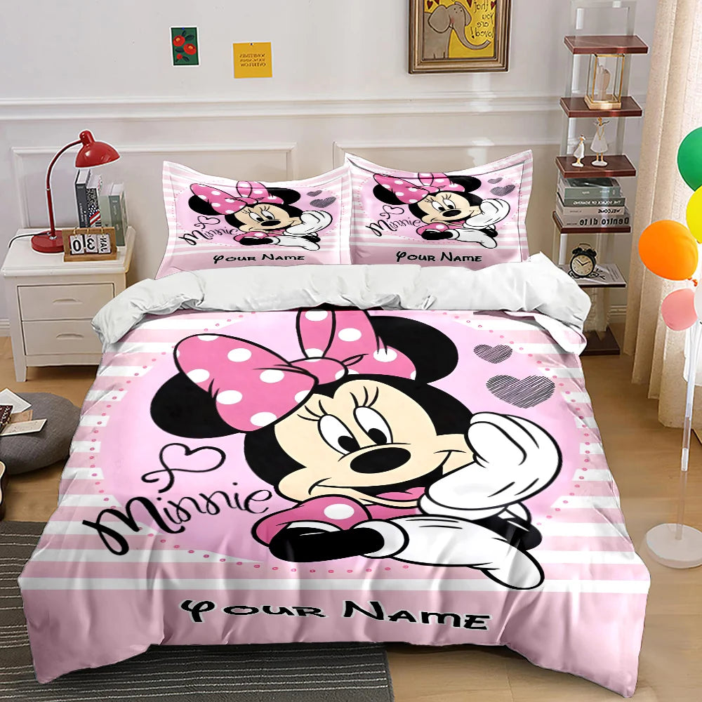 Ensemble de literie 3PCS personnalisé Minnie – Housse de couette et taies, imprimé dessin animé, confort luxe enfant/adulte