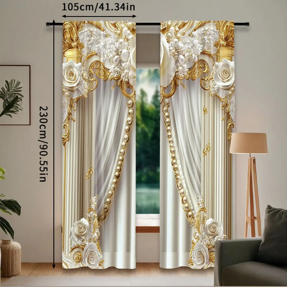 Rideaux chic doré et blanc – 2 pièces, fleurs élégantes, salon, chambre, cuisine et salle de bain
