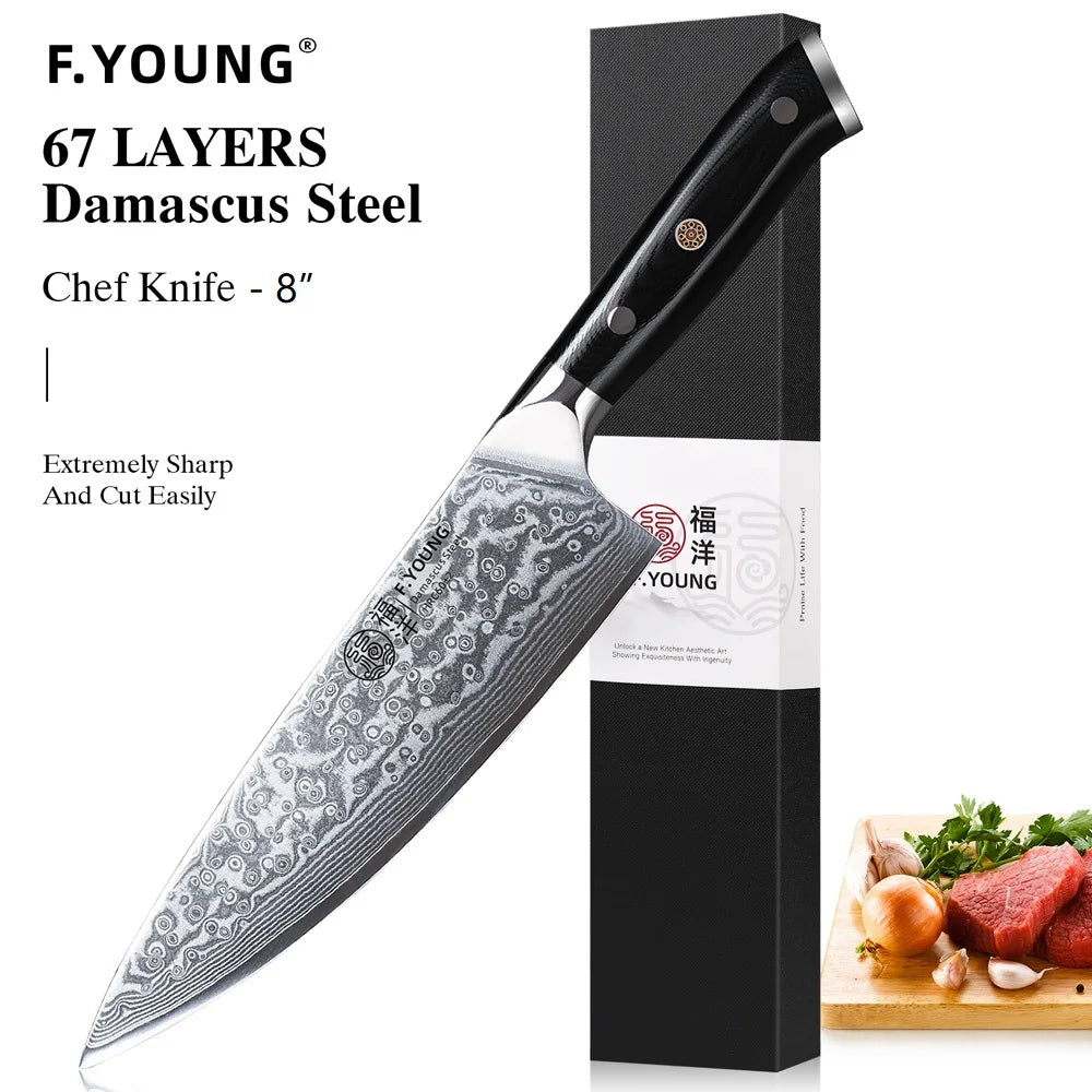 Couteau de cuisine professionnel F.YOUNG – acier Damas, chef japonais & sashimi