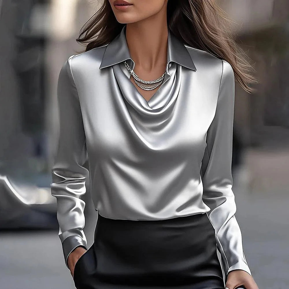 Chemise Femme Satin – Chemisier Élégant à Col V & Manches Longues, Coupe Ample Décontractée Chic