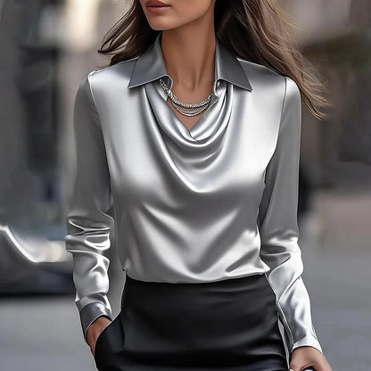 Chemise Femme Satin – Chemisier Élégant à Col V & Manches Longues, Coupe Ample Décontractée Chic