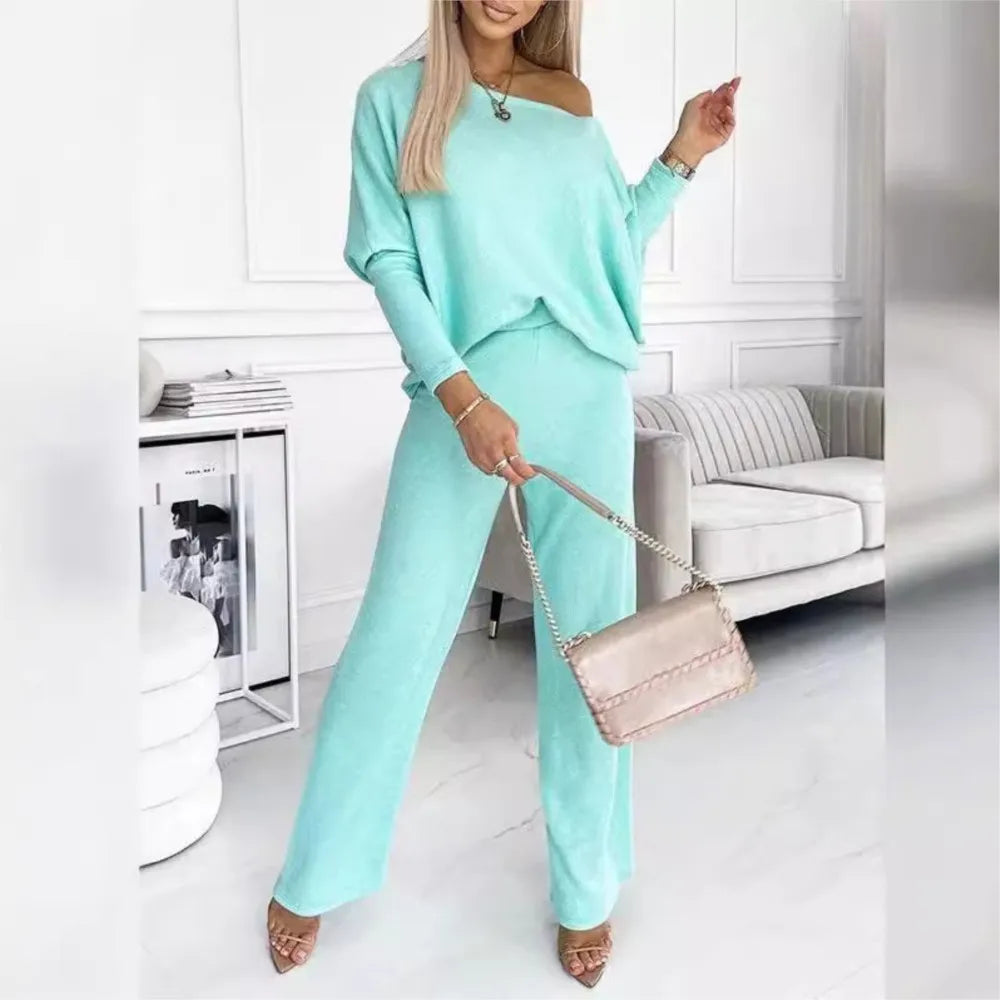 Ensemble Femme 2 Pièces – Pull Manches Longues & Pantalon Décontracté Couleur Unie Chic