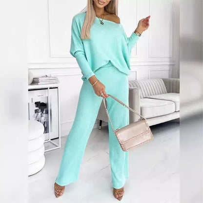Ensemble Femme 2 Pièces – Pull Manches Longues & Pantalon Décontracté Couleur Unie Chic