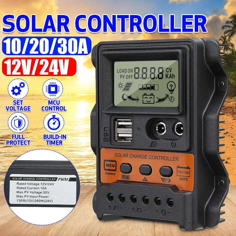 Contrôleur de charge solaire PWM 10A-30A 12V/24V avec écran LCD, USB 5V, Sochi