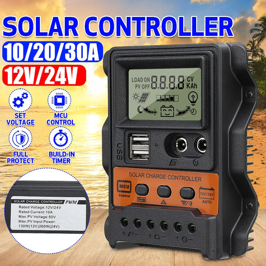 Contrôleur de charge solaire PWM 10A-30A 12V/24V avec écran LCD, USB 5V, Sochi