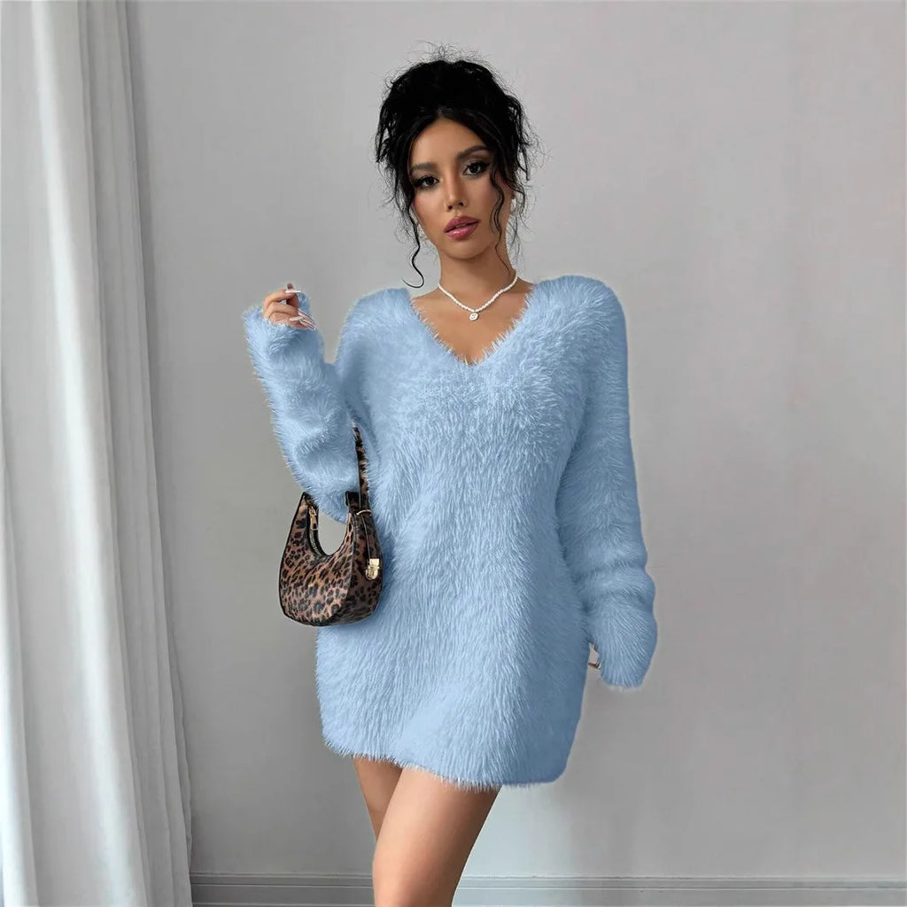 Robe en peluche femme manches longues col rond hiver