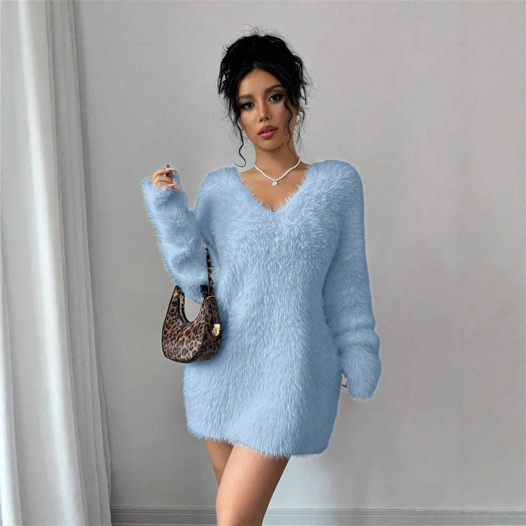 Robe en peluche femme manches longues col rond hiver