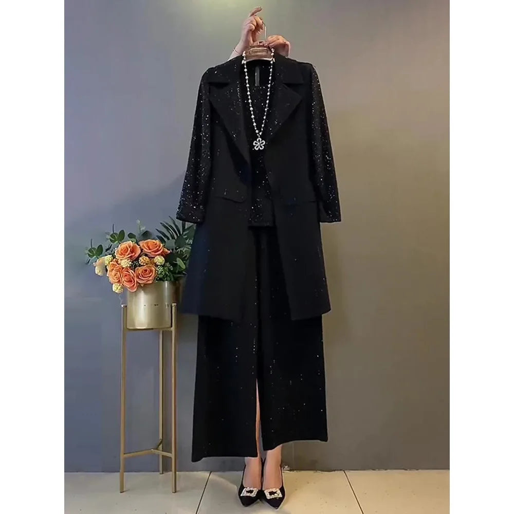 Ensemble Femme Grande Taille 3 Pièces – Veste, Chemise et Pantalon Long Noir avec Strass