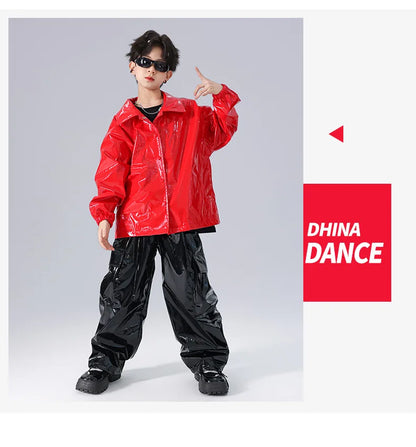Costume Danse Jazz Garçon Filles, Pantalon Cuir Brillant Rouge, Streetwear Hip Hop Scène .