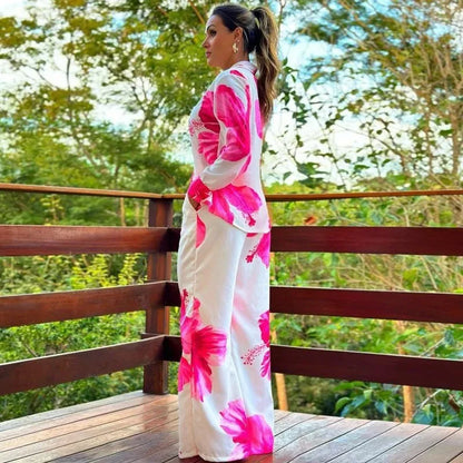 Tenue Vacances Femme – Ensemble 2 Pièces Ample, Chemise Imprimée & Pantalon Large Tendance