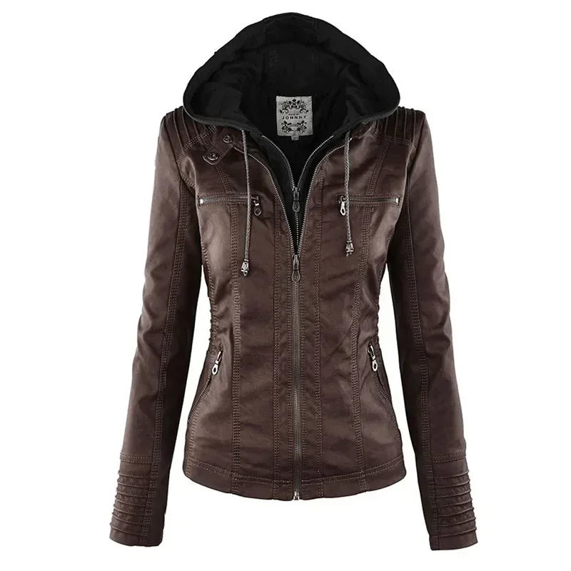 Veste Gothique en Simili Cuir PU pour Femme – Manteau à Capuche Noir, Veste Moto Chaude pour Automne et Hiver, Vêtements d'Extérieur Stylés
