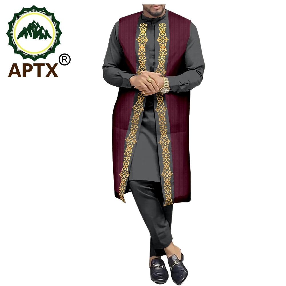 APTX Ensemble africain homme 3 pièces – Chemise et pantalon jacquard, tenue traditionnelle mariage et fête