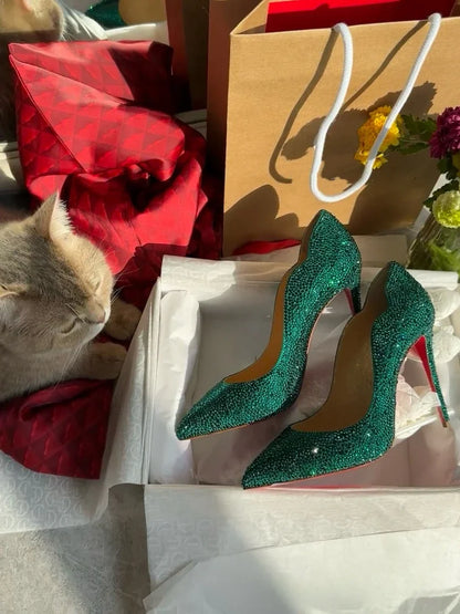 Talons Hauts Femmes 2025 Printemps – Chaussures Minces Pointues, Or Sexy, Style Français, Cristal, Semelle Rouge, Chaussures Mariage Élégantes