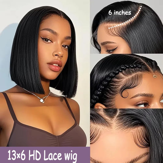 Bob Court 100% Cheveux Humains – Perruque Sans Colle HD Demi Dentelle Frontale 13x6, Tressée Os Droit Vietnamienne, Multi Séparation, Pré-Coupée Prêt à Porter