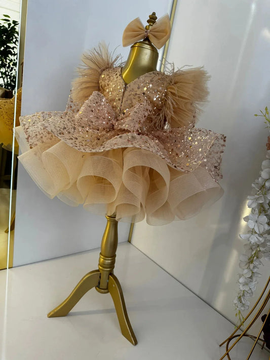 Robe à fleurs dorées fille﻿– bouffante brillante avec noeud, mariage, anniversaire, communion