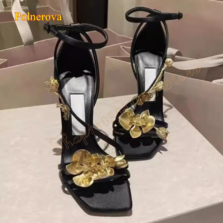 Chaussures plates cuir femme avec talons hauts et fleurs dorées – Mode fête