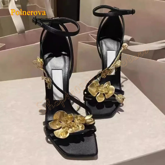 Chaussures plates cuir femme avec talons hauts et fleurs dorées – Mode fête