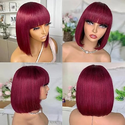 Perruque Bob droite 99J cheveux humains brésiliens – Coupe émoussée sans colle, dentelle frontale, qualité machine, style naturel luxe