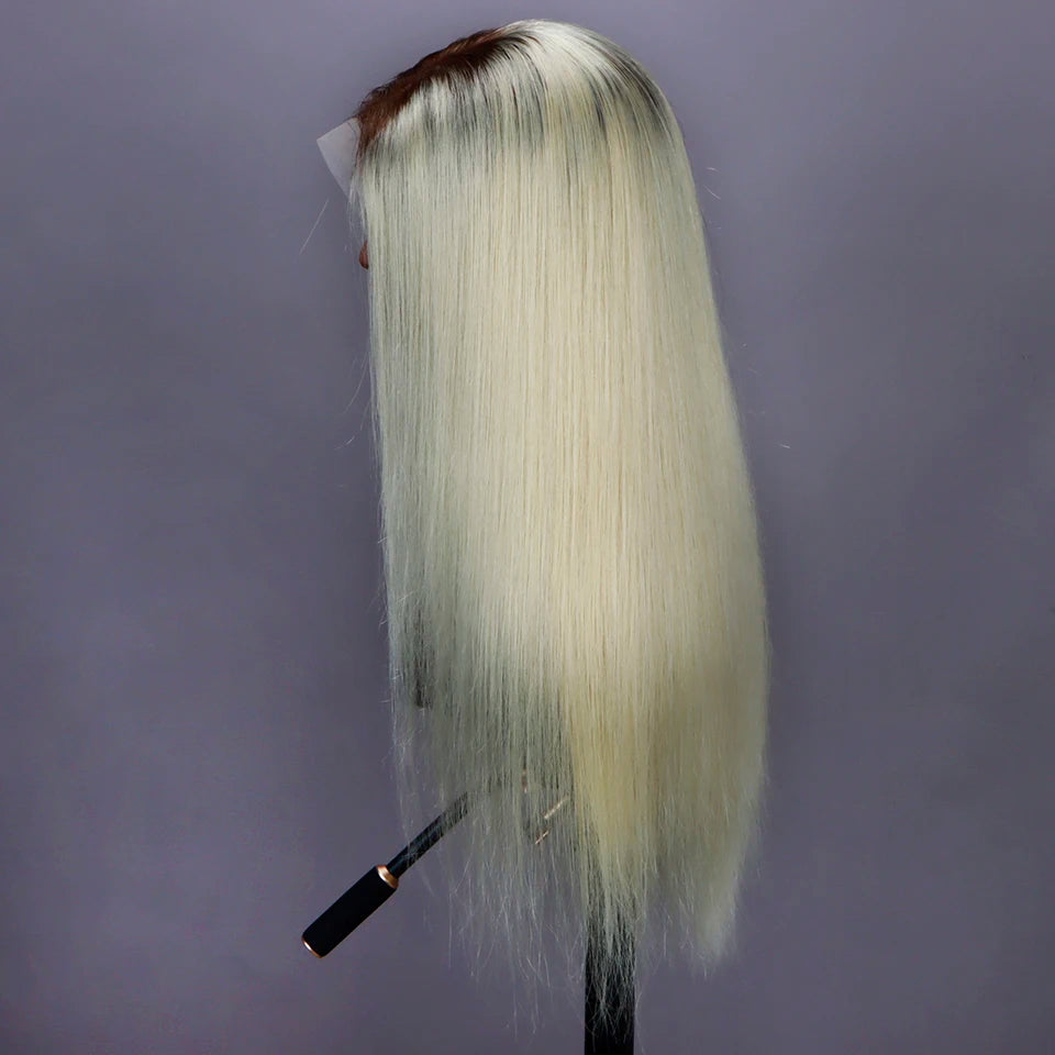 Perruque lace frontal 13x6 ombré blonde 613 racine brune – cheveux humains droits, pré‑plumée