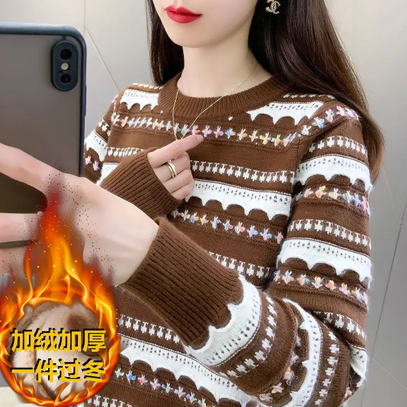 Pull femme col rond en peluche, style rayé automne-hiver