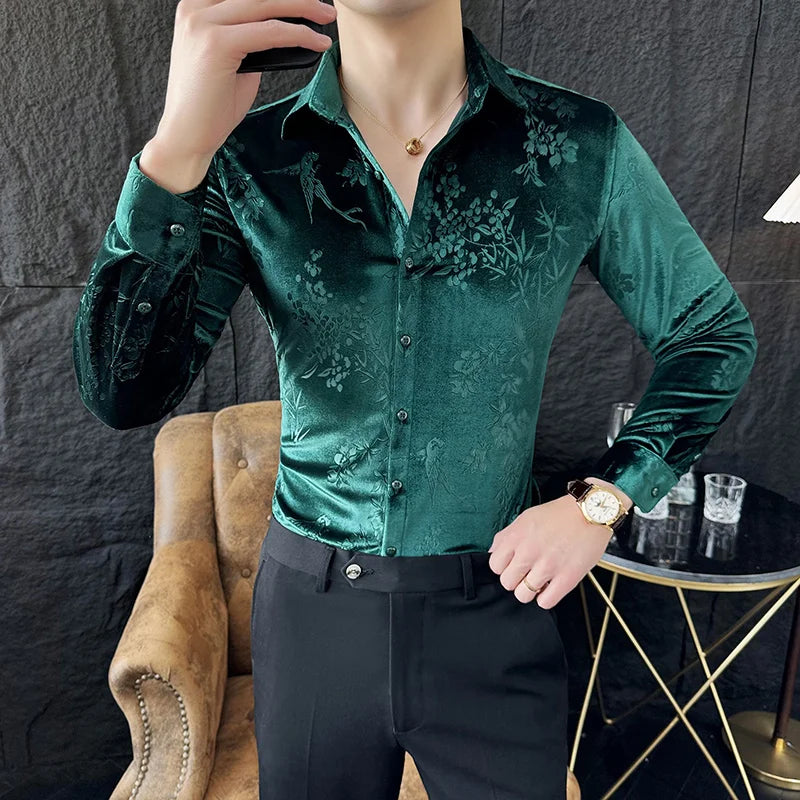 Chemise homme luxe en velours, slim, décontractée pour mariage, anniversaire .