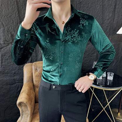 Chemise homme luxe en velours, slim, décontractée pour mariage, anniversaire .