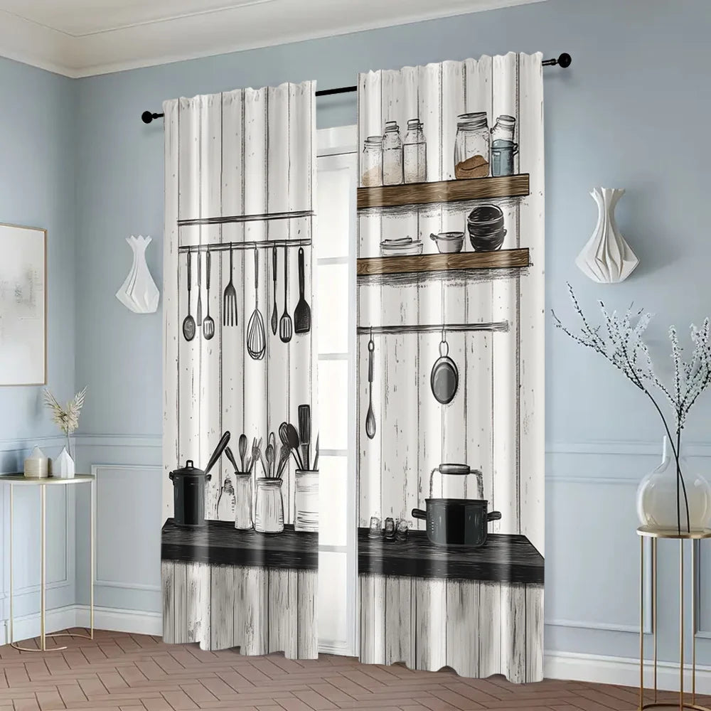 2 pièces rideaux cuisine, tissu imprimé 2D lavable en machine, sans tige, déco maison