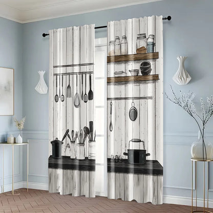 2 pièces rideaux cuisine, tissu imprimé 2D lavable en machine, sans tige, déco maison