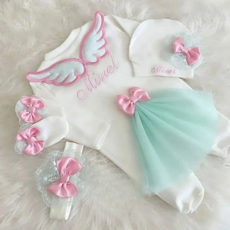 Barboteuse Bébé Jetable avec Nom, Ailes d'Ange, Sortie de Maternité .